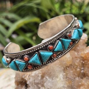 Sterling Turquoise Coral 925 Silver Cuff Bracelet 3 1/4" Wide Vtg